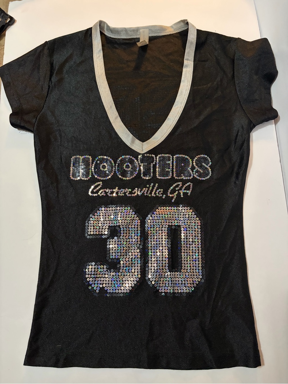 Official Vintage Hooters Black V-Neck Sequin Uniform Jersey Size Small